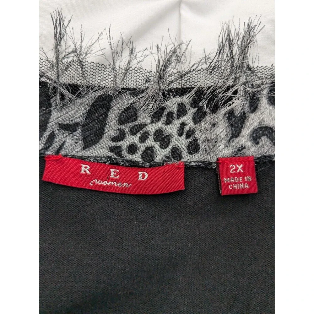RED Brand Sweater Women's 2X Black V Neck Cardigan 3D Flowers Leopard Chiffon